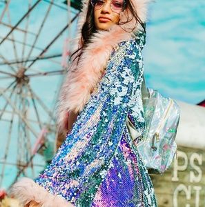 Pastel Sequin Jacket w/ Pink Faux Fur Hood & Cuffs